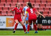 30 July 2022; Emma Doherty of Sligo Rovers, left, celebrates with teammate Lauren Boles after scoring her side's second goal  during the SSE Airtricity Women's National League match between Sligo Rovers and Shelbourne at The Showgrounds in Sligo. Photo by Ben McShane/Sportsfile