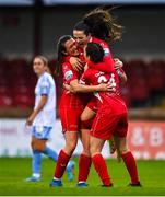 30 July 2022; Sligo Rovers players, from left, Lauren Boles, Katie Melly and Jessica Casey celebrate after the SSE Airtricity Women's National League match between Sligo Rovers and Shelbourne at The Showgrounds in Sligo. Photo by Ben McShane/Sportsfile