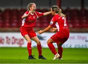 30 July 2022; Kerri O'Hara, left, and Leah Kelly of Sligo Rovers celebrate after their side's victory in the SSE Airtricity Women's National League match between Sligo Rovers and Shelbourne at The Showgrounds in Sligo. Photo by Ben McShane/Sportsfile