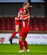 30 July 2022; Kerri O'Hara, left, and Leah Kelly of Sligo Rovers celebrate after their side's victory in the SSE Airtricity Women's National League match between Sligo Rovers and Shelbourne at The Showgrounds in Sligo. Photo by Ben McShane/Sportsfile