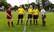 30 July 2022; Referee Ray Conlon, centre, with assistant referees Paul Tone, left, and Ciaran Bracken and team captains Daisy O’Connell of Galway District League and Katie Murphy of Wexford & District Women’s League before the FAI Women's Under-19 InterLeague Cup Final match between Galway District League and Wexford & District Women's League at Leah Victoria Park in Tullamore, Offaly. Photo by Seb Daly/Sportsfile