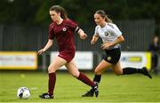 30 July 2022; Daisy O’Connell of Galway District League in action against Katie Murphy of Wexford & District Women’s League during the FAI Women's Under-19 InterLeague Cup Final match between Galway District League and Wexford & District Women's League at Leah Victoria Park in Tullamore, Offaly. Photo by Seb Daly/Sportsfile