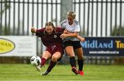 30 July 2022; Isobel Haugh of Galway District League in action against Ciara Roche of Wexford & District Women’s League during the FAI Women's Under-19 InterLeague Cup Final match between Galway District League and Wexford & District Women's League at Leah Victoria Park in Tullamore, Offaly. Photo by Seb Daly/Sportsfile