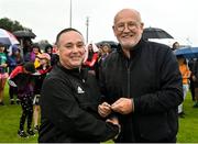 30 July 2022; Fourth official Martin Hatchett and FAI Director of Competitions Fran Gavin after the FAI Women's Under-19 InterLeague Cup Final match between Galway District League and Wexford & District Women's League at Leah Victoria Park in Tullamore, Offaly. Photo by Seb Daly/Sportsfile