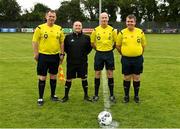 30 July 2022; Match officials from left, assistant referee Paul Tone, fourth official Martin Hatchett, referee Ray Conlon and assistant referee Ciaran Bracken before the FAI Women's Under-19 InterLeague Cup Final match between Galway District League and Wexford & District Women's League at Leah Victoria Park in Tullamore, Offaly. Photo by Seb Daly/Sportsfile