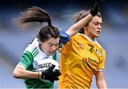 31 July 2022; Eimear Smyth of Fermanagh in action against Niamh McIntosh of Antrim during the TG4 All-Ireland Ladies Football Junior Championship Final match between Antrim and Fermanagh at Croke Park in Dublin. Photo by Piaras Ó Mídheach/Sportsfile