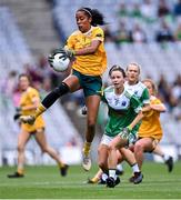 31 July 2022; Lara Dahunsi of Antrim in action against Aisling O'Brien of Fermanagh during the TG4 All-Ireland Ladies Football Junior Championship Final match between Antrim and Fermanagh at Croke Park in Dublin. Photo by Piaras Ó Mídheach/Sportsfile