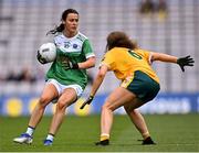 31 July 2022; Elaine Maguire of Fermanagh in action against Saoirse Tennyson of Antrim during the TG4 All-Ireland Ladies Football Junior Championship Final match between Antrim and Fermanagh at Croke Park in Dublin. Photo by Piaras Ó Mídheach/Sportsfile