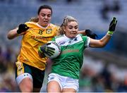 31 July 2022; Brenda Bannon of Fermanagh in action against Bronagh Devlin of Antrim during the TG4 All-Ireland Ladies Football Junior Championship Final match between Antrim and Fermanagh at Croke Park in Dublin. Photo by Piaras Ó Mídheach/Sportsfile