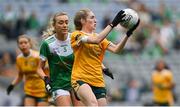 31 July 2022; Orlaith Prenter of Antrim in action against Molly McGloin of Fermanagh during the TG4 All-Ireland Ladies Football Junior Championship Final match between Antrim and Fermanagh at Croke Park in Dublin. Photo by Ramsey Cardy/Sportsfile