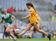 31 July 2022; Maria O'Neill of Antrim on her way to scoring her side's first goal during the TG4 All-Ireland Ladies Football Junior Championship Final match between Antrim and Fermanagh at Croke Park in Dublin. Photo by Ramsey Cardy/Sportsfile