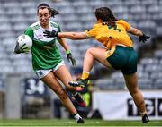 31 July 2022; Blaithin Bogue of Fermanagh in action against Aislinn McFarland of Antrim during the TG4 All-Ireland Ladies Football Junior Championship Final match between Antrim and Fermanagh at Croke Park in Dublin. Photo by Piaras Ó Mídheach/Sportsfile
