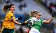 31 July 2022; Brenda Bannon of Fermanagh in action against Bronagh Devlin of Antrim during the TG4 All-Ireland Ladies Football Junior Championship Final match between Antrim and Fermanagh at Croke Park in Dublin. Photo by Piaras Ó Mídheach/Sportsfile