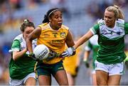 31 July 2022; Lara Dahunsi of Antrim in action against Aisling O'Brien, left, and Shannan McQuade of Fermanagh during the TG4 All-Ireland Ladies Football Junior Championship Final match between Antrim and Fermanagh at Croke Park in Dublin. Photo by Piaras Ó Mídheach/Sportsfile