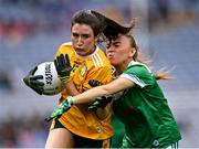 31 July 2022; Maria O'Neill of Antrim in action against Cliodhna McElroy of Fermanagh during the TG4 All-Ireland Ladies Football Junior Championship Final match between Antrim and Fermanagh at Croke Park in Dublin. Photo by Piaras Ó Mídheach/Sportsfile