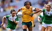 31 July 2022; Lara Dahunsi of Antrim in action against Aisling O'Brien, left, and Shannan McQuade of Fermanagh during the TG4 All-Ireland Ladies Football Junior Championship Final match between Antrim and Fermanagh at Croke Park in Dublin. Photo by Piaras Ó Mídheach/Sportsfile