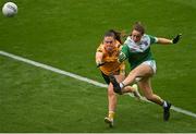 31 July 2022; Eimear Keenan of Fermanagh in action against Grainne McLaughlin of Antrim during the TG4 All-Ireland Ladies Football Junior Championship Final match between Antrim and Fermanagh at Croke Park in Dublin. Photo by Ramsey Cardy/Sportsfile