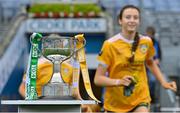 31 July 2022; The West County Hotel cup is seen as the Antrim team run onto the pitch before the TG4 All-Ireland Ladies Football Junior Championship Final match between Antrim and Fermanagh at Croke Park in Dublin. Photo by Brendan Moran/Sportsfile