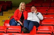 31 July 2022; Bluebell United supporters David Plunkett, right, and Shannon Reilly before the Extra.ie FAI Cup First Round match between Bluebell United and Galway United at Tolka Park in Dublin. Photo by Ben McShane/Sportsfile