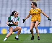 31 July 2022; Cadhla Bogue of Fermanagh in action against Maria O'Neill of Antrim during the TG4 All-Ireland Ladies Football Junior Championship Final match between Antrim and Fermanagh at Croke Park in Dublin. Photo by Piaras Ó Mídheach/Sportsfile