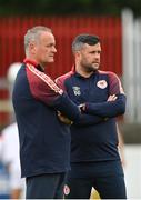 31 July 2022; St Patrick's Athletic manager Tim Clancy, right, and technical director Alan Matthews before the Extra.ie FAI Cup First Round match between St Patrick's Athletic and Waterford at Richmond Park in Dublin. Photo by Seb Daly/Sportsfile