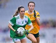 31 July 2022; Sarah Britton of Fermanagh in action against Sarah O'Neill of Antrim during the TG4 All-Ireland Ladies Football Junior Championship Final match between Antrim and Fermanagh at Croke Park in Dublin. Photo by Piaras Ó Mídheach/Sportsfile