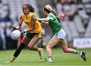 31 July 2022; Lara Dahunsi of Antrim in action against Sarah Britton of Fermanagh during the TG4 All-Ireland Ladies Football Junior Championship Final match between Antrim and Fermanagh at Croke Park in Dublin. Photo by Piaras Ó Mídheach/Sportsfile