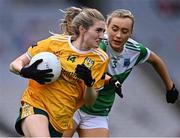 31 July 2022; Orlaith Prenter of Antrim in action against Molly McGloin of Fermanagh during the TG4 All-Ireland Ladies Football Junior Championship Final match between Antrim and Fermanagh at Croke Park in Dublin. Photo by Piaras Ó Mídheach/Sportsfile