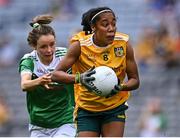 31 July 2022; Lara Dahunsi of Antrim in action against Aisling O'Brien of Fermanagh during the TG4 All-Ireland Ladies Football Junior Championship Final match between Antrim and Fermanagh at Croke Park in Dublin. Photo by Piaras Ó Mídheach/Sportsfile