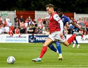 31 July 2022; Anto Breslin of St Patrick's Athletic in action against Tunmise Sobowale of Waterford during the Extra.ie FAI Cup First Round match between St Patrick's Athletic and Waterford at Richmond Park in Dublin. Photo by Seb Daly/Sportsfile