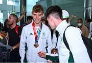 31 July 2022; Sean Cronin Of Team Ireland arrives home with his boys 1500m bronze medal from the 2022 European Youth Summer Olympic Festival at Dublin Airport in Dublin. Photo by Eóin Noonan/Sportsfile