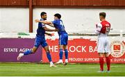 31 July 2022; Wassim Aouachria of Waterford, left, celebrates with teammate Phoenix Patterson after scoring their side's first goal during the Extra.ie FAI Cup First Round match between St Patrick's Athletic and Waterford at Richmond Park in Dublin. Photo by Seb Daly/Sportsfile