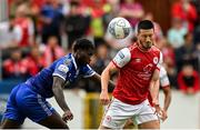 31 July 2022; Ronan Coughlan of St Patrick's Athletic in action against Richard Taylor of Waterford during the Extra.ie FAI Cup First Round match between St Patrick's Athletic and Waterford at Richmond Park in Dublin. Photo by Seb Daly/Sportsfile