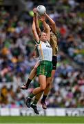 31 July 2022; Emma Costello of Kerry fields a kickout aead of Orlagh Lally of Meath during the TG4 All-Ireland Ladies Football Senior Championship Final match between Kerry and Meath at Croke Park in Dublin. Photo by Brendan Moran/Sportsfile