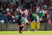 31 July 2022; Ruairi Keating of Cork City shoots to score his side's first goal during the Extra.ie FAI Cup First Round match between Cobh Ramblers and Cork City at St Colman's Park in Cobh, Cork. Photo by Michael P Ryan/Sportsfile