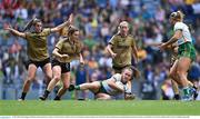 31 July 2022; Emma Duggan of Meath in action against Kerry players, from left, Emma Costello, Cáit Lynch and Niamh Carmody during the TG4 All-Ireland Ladies Football Senior Championship Final match between Kerry and Meath at Croke Park in Dublin. Photo by Piaras Ó Mídheach/Sportsfile