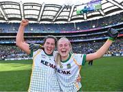 31 July 2022; Meath players Shauna Ennis, left, and Megan Thynne celebrate after their side's victory in the TG4 All-Ireland Ladies Football Senior Championship Final match between Kerry and Meath at Croke Park in Dublin. Photo by Piaras Ó Mídheach/Sportsfile