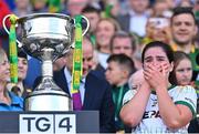 31 July 2022; Meath captain Shauna Ennis prepares to lift the Brendan Martin Cup after her side's victory in the TG4 All-Ireland Ladies Football Senior Championship Final match between Kerry and Meath at Croke Park in Dublin. Photo by Piaras Ó Mídheach/Sportsfile