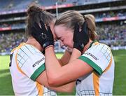 31 July 2022; Meath players Máire O'Shaughnessy, left, and Aoibhín Cleary celebrate after their side's victory in the TG4 All-Ireland Ladies Football Senior Championship Final match between Kerry and Meath at Croke Park in Dublin. Photo by Piaras Ó Mídheach/Sportsfile