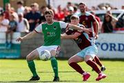 31 July 2022; Cian Murphy of Cork City in action against Daragh O'Sullivan Connell of Cobh Ramblers during the Extra.ie FAI Cup First Round match between Cobh Ramblers and Cork City at St Colman's Park in Cobh, Cork. Photo by Michael P Ryan/Sportsfile