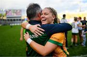 31 July 2022; Meath manager Eamonn Murray celebrates with goalkeeper Monica McGuirk after the TG4 All-Ireland Ladies Football Senior Championship Final match between Kerry and Meath at Croke Park in Dublin. Photo by Ramsey Cardy/Sportsfile