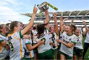 31 July 2022; Meath players, including Mary Kate Lynch, Shauna Ennis, Niamh O'Sullivan and Aoibheann Leahy celebrate with the Brendan Martin cup after the TG4 All-Ireland Ladies Football Senior Championship Final match between Kerry and Meath at Croke Park in Dublin. Photo by Brendan Moran/Sportsfile