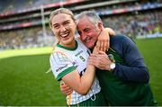 31 July 2022; Orlagh Lally of Meath celebrates with an emotional Meath manager Eamonn Murray after the TG4 All-Ireland Ladies Football Senior Championship Final match between Kerry and Meath at Croke Park in Dublin. Photo by Ramsey Cardy/Sportsfile