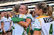 31 July 2022; Vikki Wall of Meath, centre, celebrates with teammate Mary Kate Lynch after their side's victory in the TG4 All-Ireland Ladies Football Senior Championship Final match between Kerry and Meath at Croke Park in Dublin. Photo by Piaras Ó Mídheach/Sportsfile