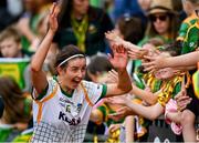 31 July 2022; Niamh O'Sullivan of Meath reacts after seeing a family member in the crowd after the TG4 All-Ireland Ladies Football Senior Championship Final match between Kerry and Meath at Croke Park in Dublin. Photo by Brendan Moran/Sportsfile