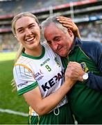 31 July 2022; Orlagh Lally of Meath celebrates with an emotional Meath manager Eamonn Murray after the TG4 All-Ireland Ladies Football Senior Championship Final match between Kerry and Meath at Croke Park in Dublin. Photo by Ramsey Cardy/Sportsfile