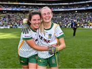 31 July 2022; Meath players Shauna Ennis, left, and Megan Thynne celebrate after their side's victory in the TG4 All-Ireland Ladies Football Senior Championship Final match between Kerry and Meath at Croke Park in Dublin. Photo by Piaras Ó Mídheach/Sportsfile