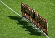 31 July 2022; Kerry players stand for Amhrán na bhFiann before the TG4 All-Ireland Ladies Football Senior Championship Final match between Kerry and Meath at Croke Park in Dublin. Photo by Piaras Ó Mídheach/Sportsfile