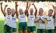 31 July 2022; Meath players, from left, Niamh O'Sullivan, Kelsey Nesbitt, Vikki Wall, Aoibhín Cleary, Emma Duggan and Orla Byrne celebrate after the TG4 All-Ireland Ladies Football Senior Championship Final match between Kerry and Meath at Croke Park in Dublin. Photo by Brendan Moran/Sportsfile