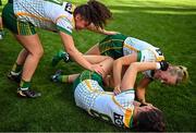 31 July 2022; Meath players, from left, Emma Duggan, Máire O'Shaughnessy and Vikki Wall celebrate after the TG4 All-Ireland Ladies Football Senior Championship Final match between Kerry and Meath at Croke Park in Dublin. Photo by Ramsey Cardy/Sportsfile